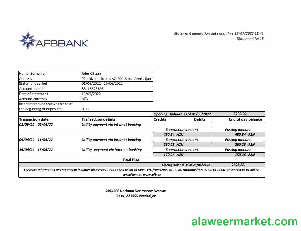 Azerbaijan Afbbank bank statement template in Excel and PDF format